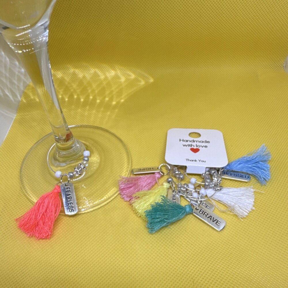 Handmade Multicolor Inspirational Wine Glass Charms Set of 6 Fearless Hope Brave